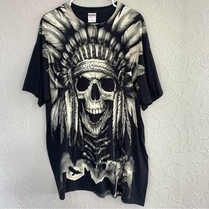 Indian Skull Chief Headdress Black All Over Print AOP Mens Shirt NWOT SIZE XXL